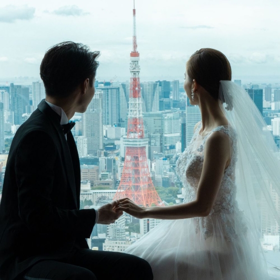 東京タワーを眺めるカップル